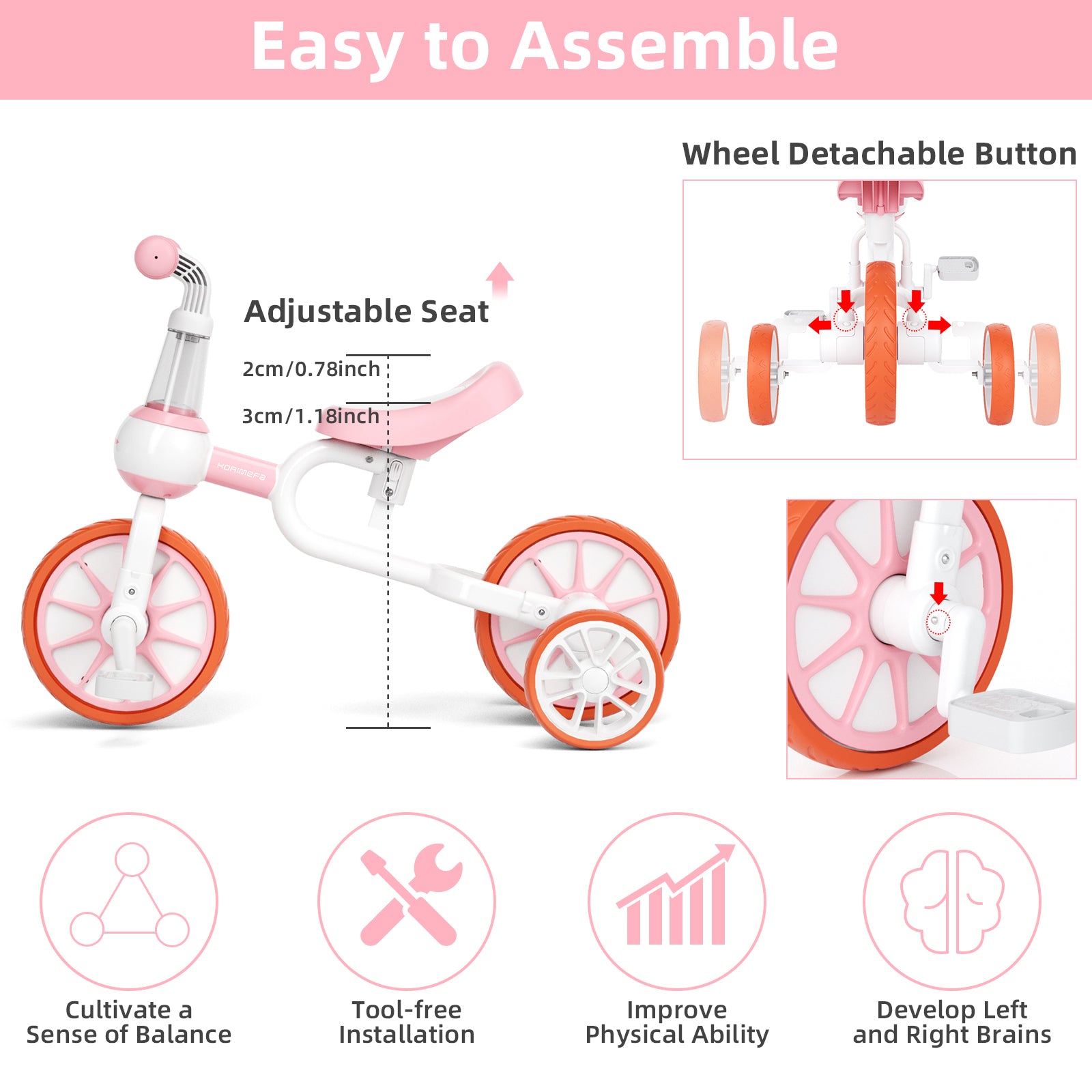 KORIMEFA 3-in-1 Kids Tricycle, Toddler Bike for Ages 1-4 Boy Girl