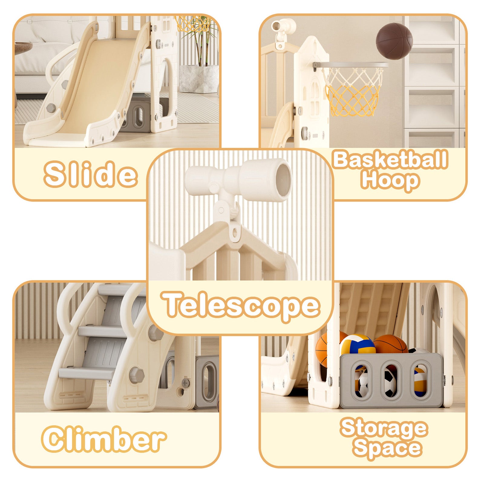 XJD 5 in 1 Toddler Slide Set  Climber Slide for Age 1-3, Outdoor Indoor Playset, Slide with Basketball Hoop, Telescope, and Storage Space, Blue/Grey