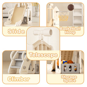 XJD 5 in 1 Toddler Slide Set  Climber Slide for Age 1-3, Outdoor Indoor Playset, Slide with Basketball Hoop, Telescope, and Storage Space, Blue/Grey