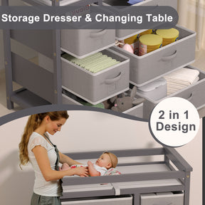 KORIMEFA Baby Changing Table with Laundry Hamper, 6 Storage Drawers and Pad, Changing Table Dresser, Baby Diaper Change Station,