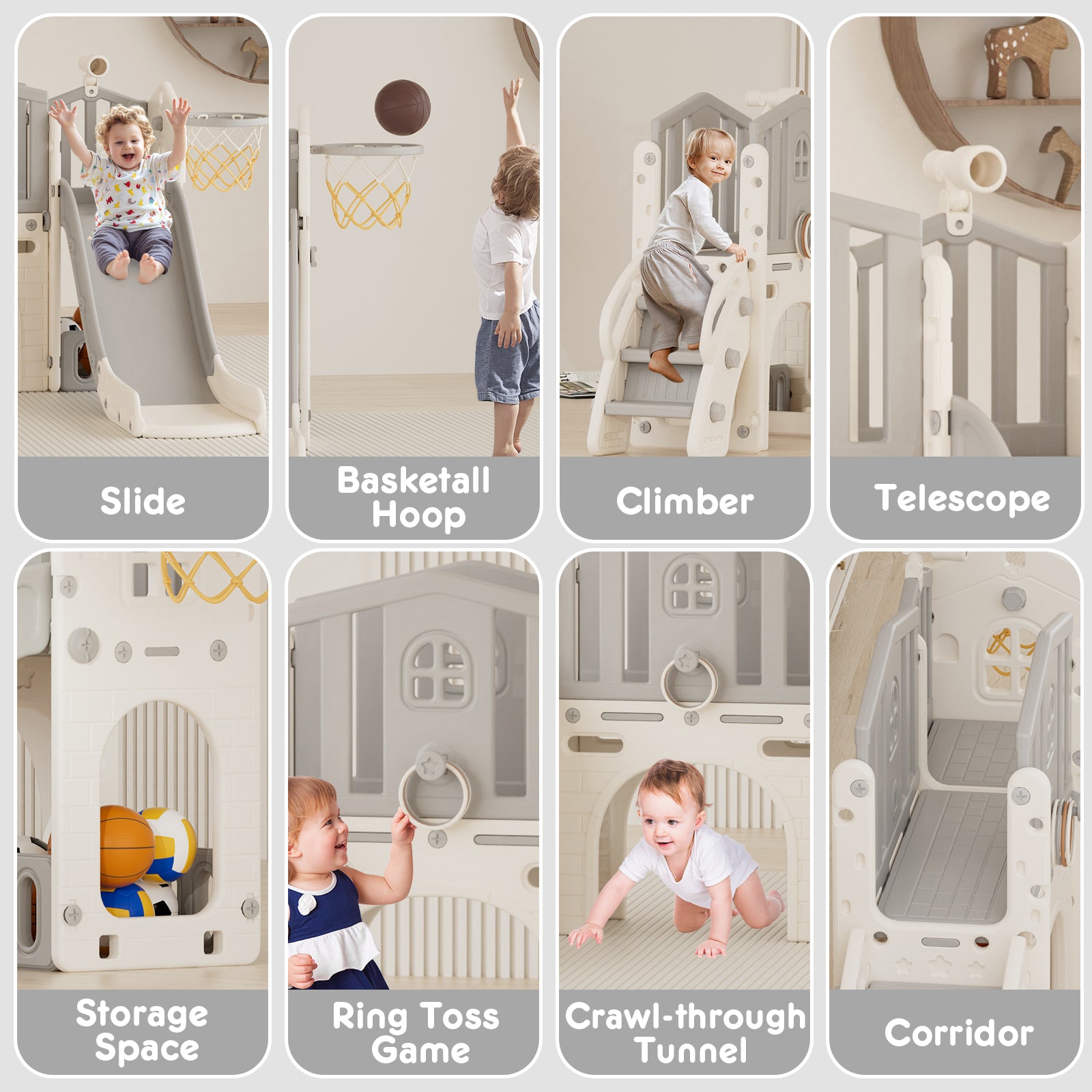 Pre-sale, XJD 8 in 1 Toddler Slide Set  Climber Slide for Age 1-3, Outdoor Indoor Playset with Basketball Hoop, Telescope, and Storage Space, Coffee/Beige