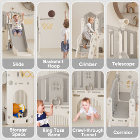 Pre-sale, XJD 8 in 1 Toddler Slide Set  Climber Slide for Age 1-3, Outdoor Indoor Playset with Basketball Hoop, Telescope, and Storage Space, Coffee/Beige