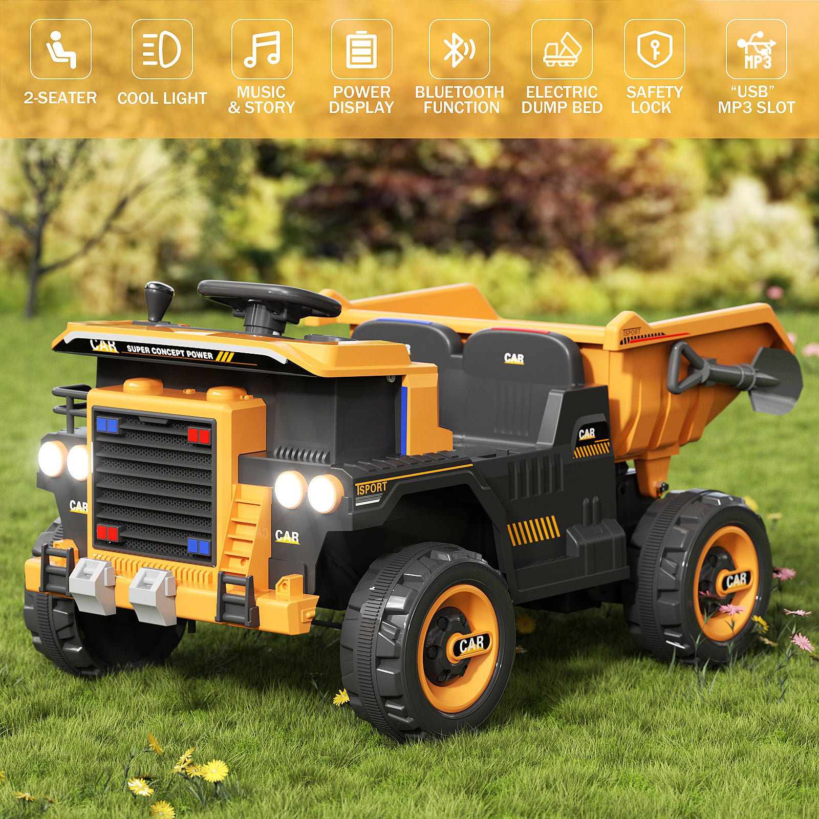 XJD 12V Kids Ride On Truck Car w/Parent Remote Control, Spring Suspension, LED Lights, USB Port, Bluetooth, Orange