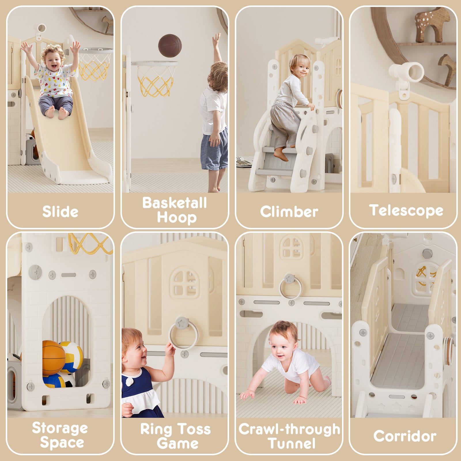 Pre-sale, XJD 8 in 1 Toddler Slide Set  Climber Slide for Age 1-3, Outdoor Indoor Playset with Basketball Hoop, Telescope, and Storage Space, Coffee/Beige