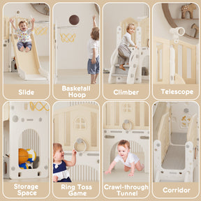 Pre-sale, XJD 8 in 1 Toddler Slide Set  Climber Slide for Age 1-3, Outdoor Indoor Playset with Basketball Hoop, Telescope, and Storage Space, Coffee/Beige