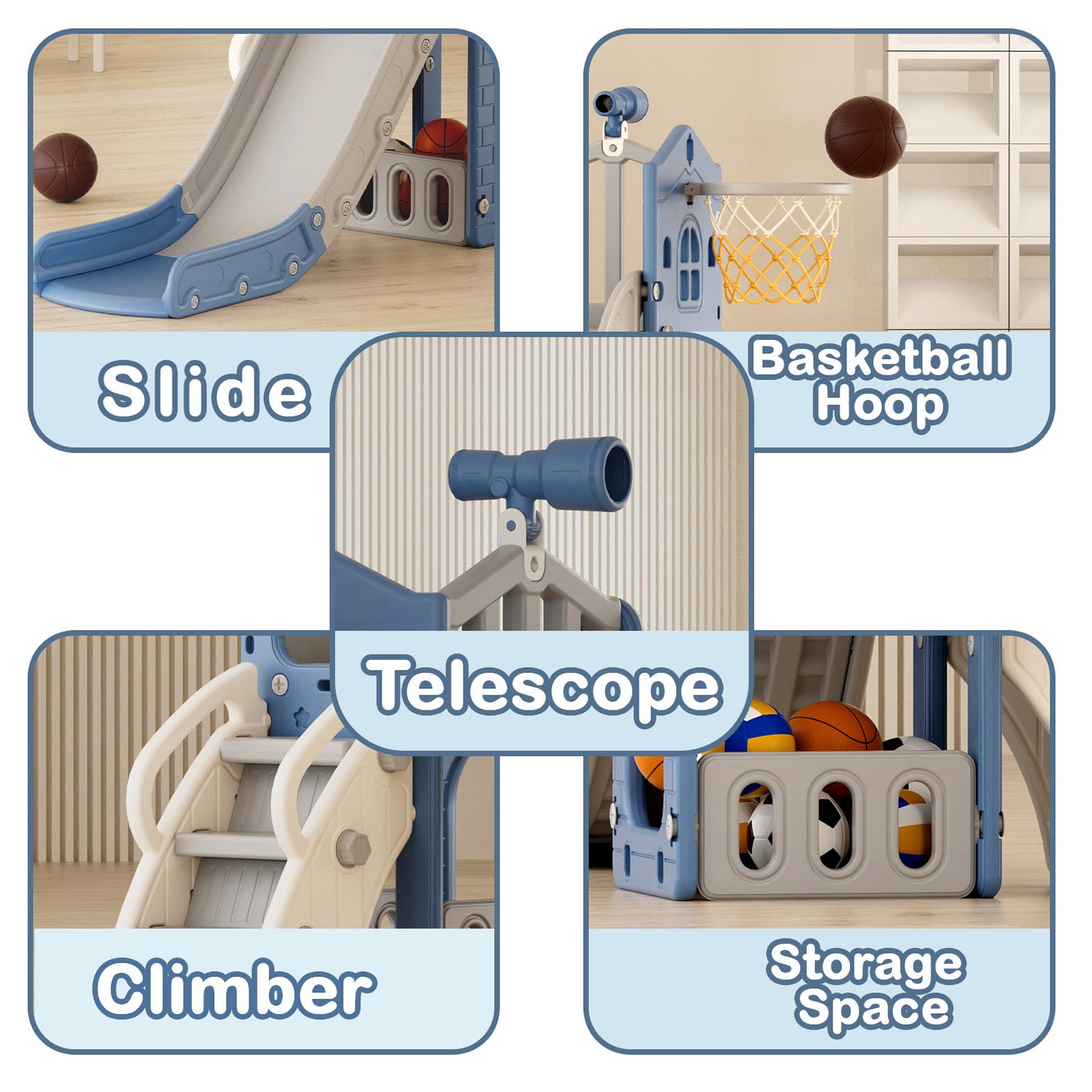 XJD 5 in 1 Toddler Slide Set  Climber Slide for Age 1-3, Outdoor Indoor Playset, Slide with Basketball Hoop, Telescope, and Storage Space, Blue/Grey