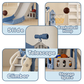 XJD 5 in 1 Toddler Slide Set  Climber Slide for Age 1-3, Outdoor Indoor Playset, Slide with Basketball Hoop, Telescope, and Storage Space, Blue/Grey