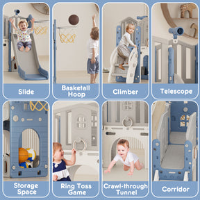 Pre-sale, XJD 8 in 1 Toddler Slide Set  Climber Slide for Age 1-3, Outdoor Indoor Playset with Basketball Hoop, Telescope, and Storage Space, Blue/Grey
