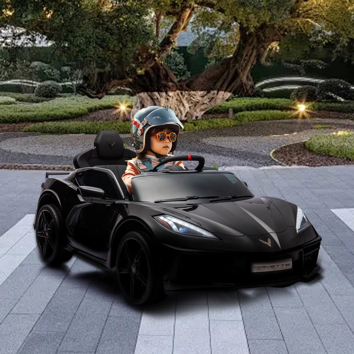 XJD Corvette C8 12V Electric Ride-On Car for Kids - Dual Speed, LED, USB, Bluetooth, Parental Control, for Ages 3+, Black
