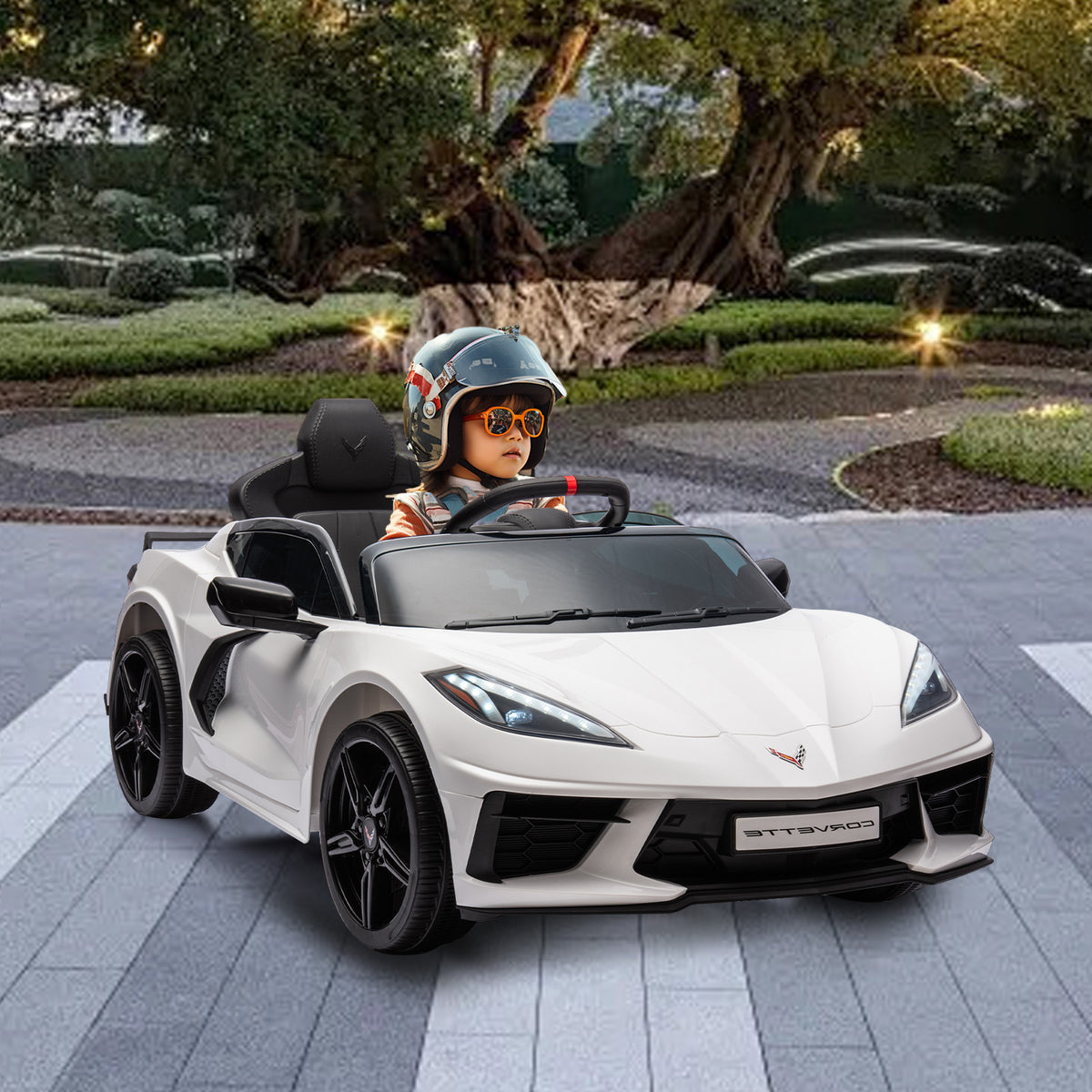 XJD Corvette C8 12V Electric Ride-On Car for Kids - Dual Speed, LED, USB, Bluetooth, Parental Control, for Ages 3+, White