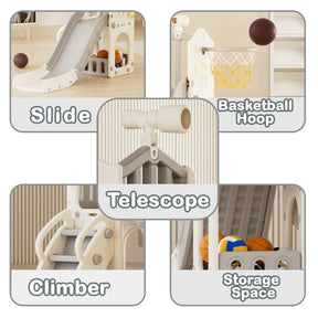 XJD 5 in 1 Toddler Slide Set  Climber Slide for Age 1-3, Outdoor Indoor Playset with Basketball Hoop, Telescope, and Storage Space, Gray/Grey