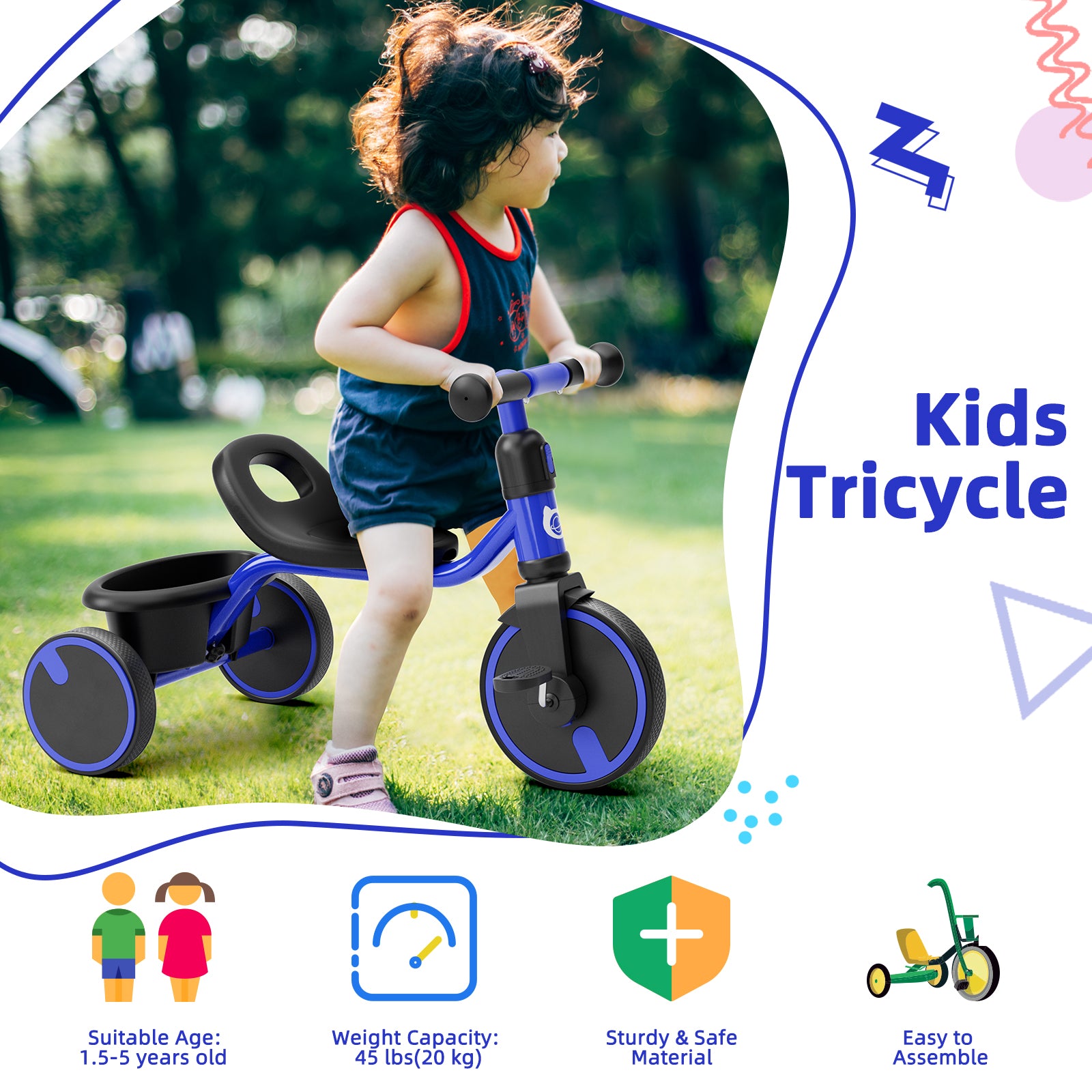 KORIMEFA Toddler Tricycle for 2-5 Year Old, Kids Trike with Storage Basket 3 Wheel Bike Birthday Toys Gift for Girls Boys
