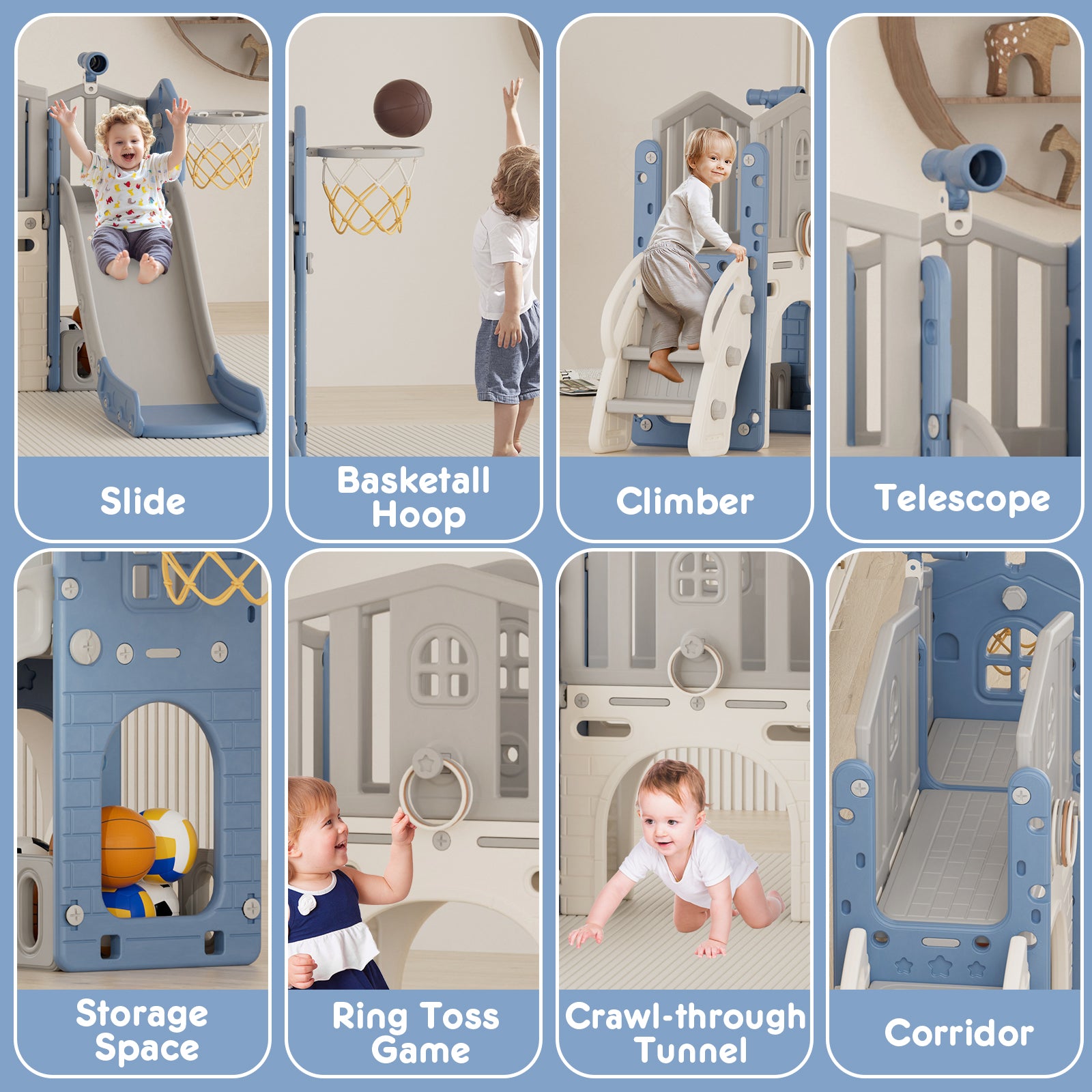 Pre-sale, XJD 8 in 1 Toddler Slide Set  Climber Slide for Age 1-3, Outdoor Indoor Playset with Basketball Hoop, Telescope, and Storage Space, Coffee/Beige
