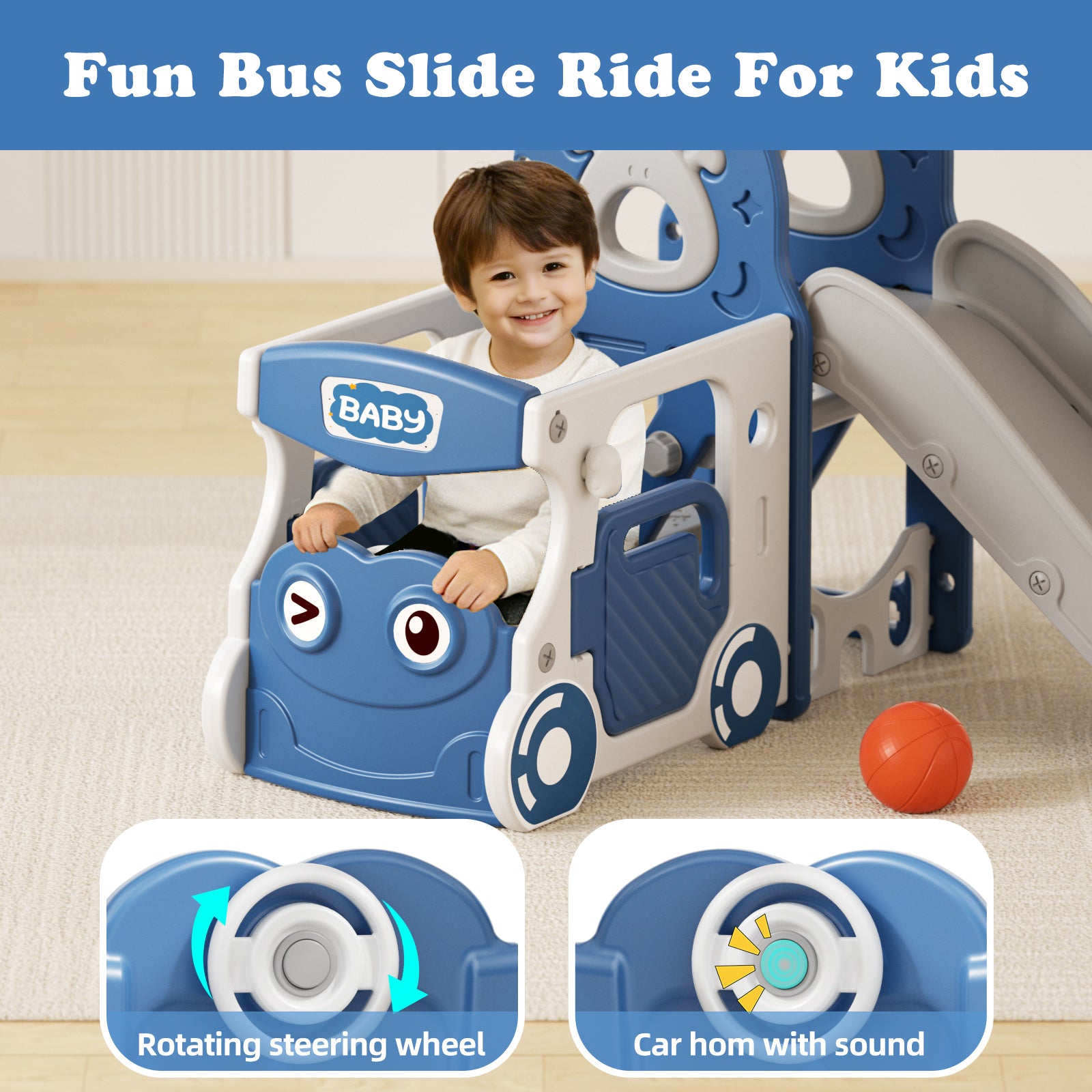 KORIMEFA 6-IN-1 Toddler Slide Set for kids Age 1-4, Bus-Themed Climber Indoor Outdoor Playset with Slide, Basketball Hoop, Climber, Wheel