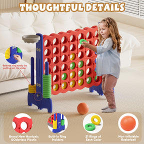 XJD Giant 4-in-A-Row Jumbo Game, 4-to-Score Game Set with Basketball Hoop, Ring Toss, 42 Jumbo Rings, Indoor Outdoor Family Game for Kids & Adults. Red&Blue
