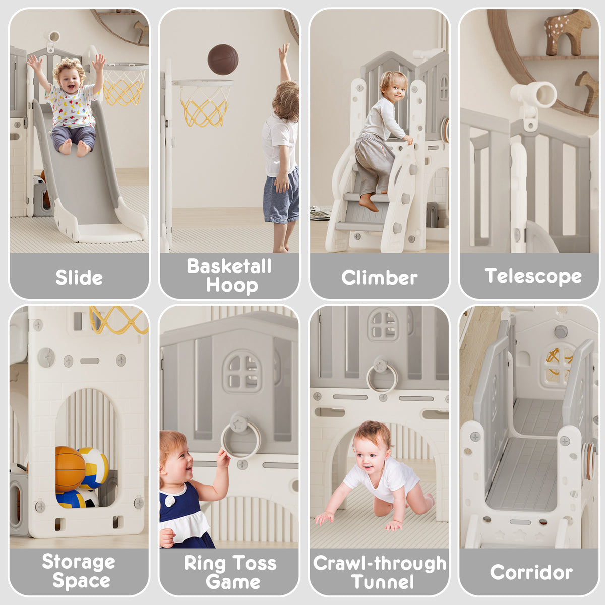 Pre-sale, XJD 8 in 1 Toddler Slide Set  Climber Slide for Age 1-3, Outdoor Indoor Playset with Basketball Hoop, Telescope, and Storage Space, Gray/Grey