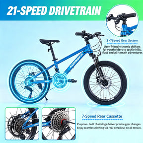 Korimefa 21-Speed Kids Bike, 20 inch Kids Mountain Bicycle for Boys Child Youth 6-12 Years Old, Double Disc Brake, Suspension Fork and Lightweight Aluminum Alloy Frame, Black
