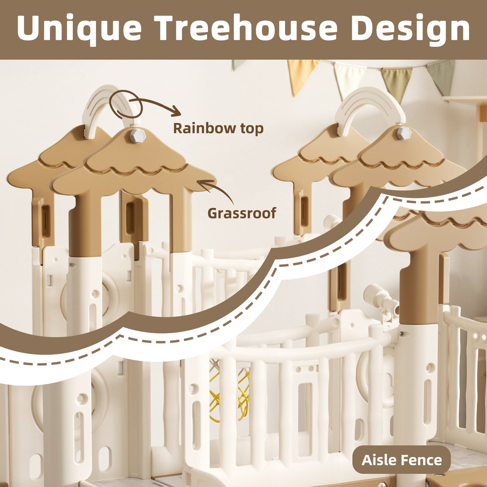 Pre-sale, 9 in 1 Toddler Slide Set Freestanding Climber Playset with Double Slides, Rainbow top, Grassroof, and Basketball Hoop and Ball, Coffee