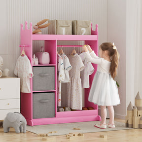 Kids Large Dress up Storage with Mirror, Kids Costume Organizer with Storage Area, Pink