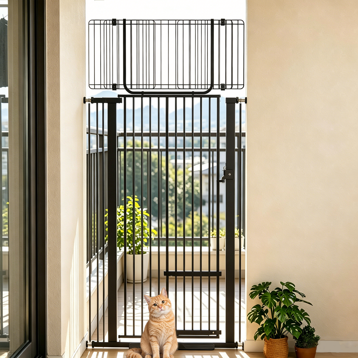 Korimefa Extra Tall Pet Gate with Cat Door, 72" Tall 29.5"-37.4" Wide Pressure Mount Dog Gate, No Drill 1.37" Narrow Gap One-Hand Operate Safety Barrier for Stairs Hallway Kitchen