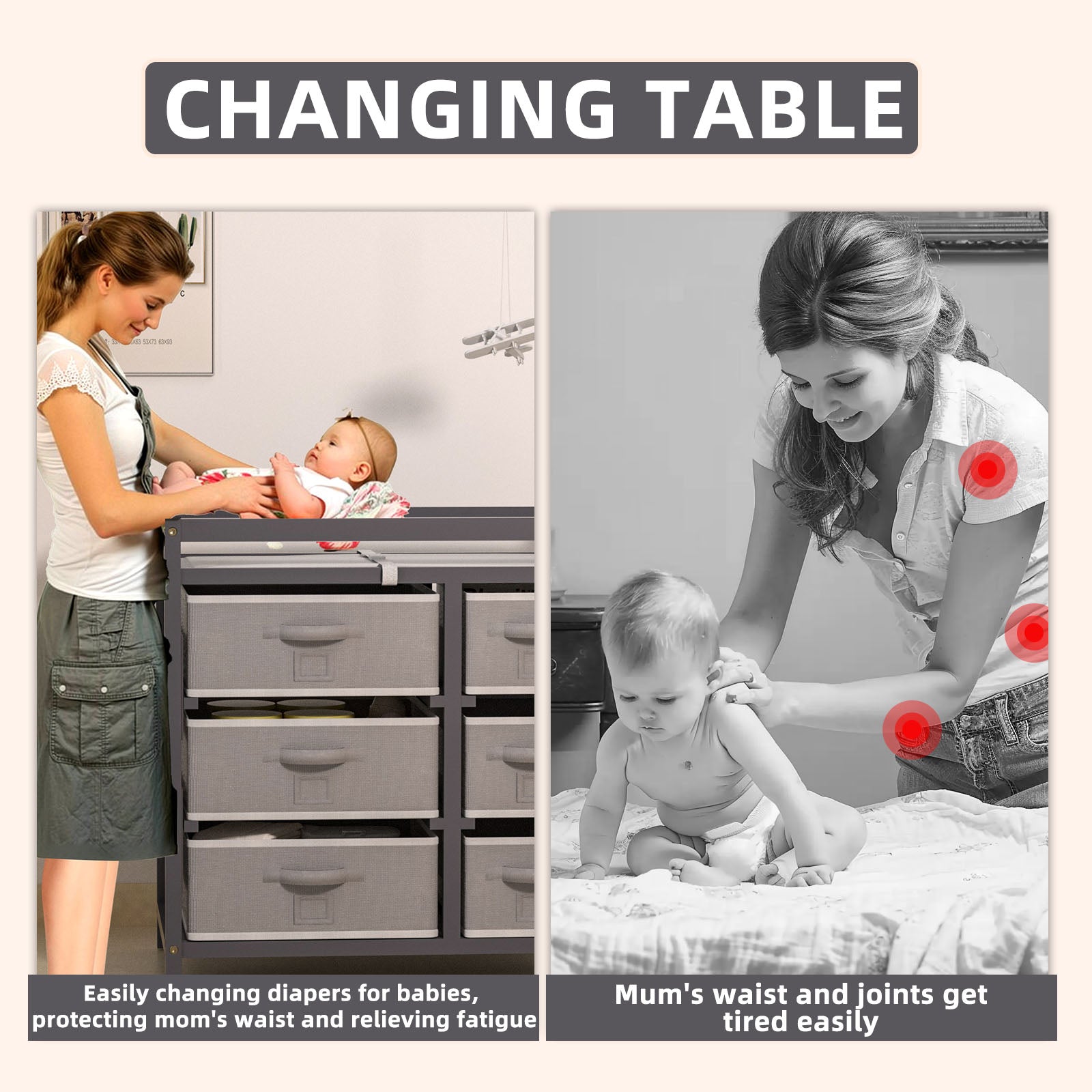 KORIMEFA Baby Changing Table with Laundry Hamper, 6 Storage Drawers and Pad, Changing Table Dresser, Baby Diaper Change Station,