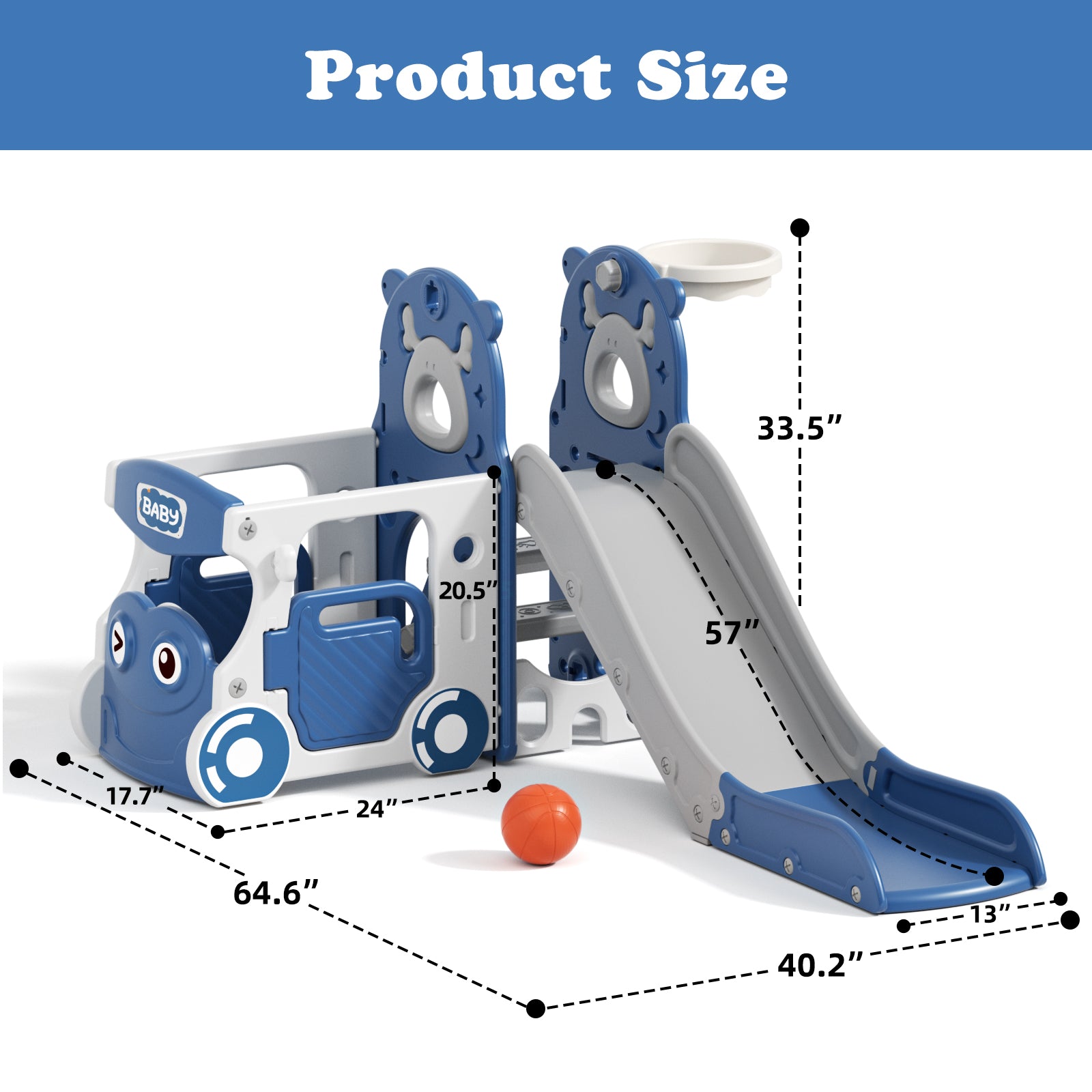 KORIMEFA 6-IN-1 Toddler Slide Set for kids Age 1-4, Bus-Themed Climber Indoor Outdoor Playset with Slide, Basketball Hoop, Climber, Wheel