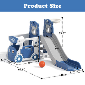 KORIMEFA 6-IN-1 Toddler Slide Set for kids Age 1-4, Bus-Themed Climber Indoor Outdoor Playset with Slide, Basketball Hoop, Climber, Wheel