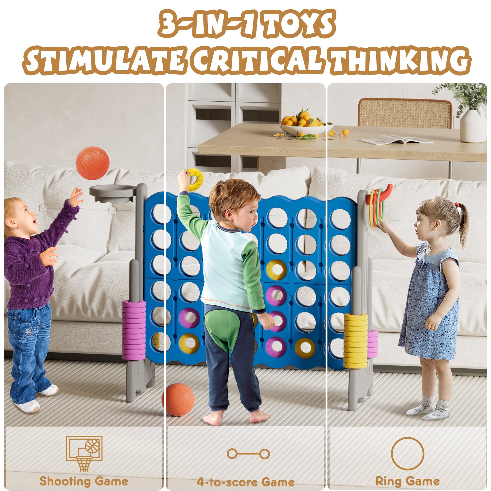 XJD Giant 4-in-A-Row Jumbo Game, 4-to-Score Game Set with Basketball Hoop, Ring Toss, 42 Jumbo Rings, Indoor Outdoor Family Game for Kids & Adults. Blue&Gray