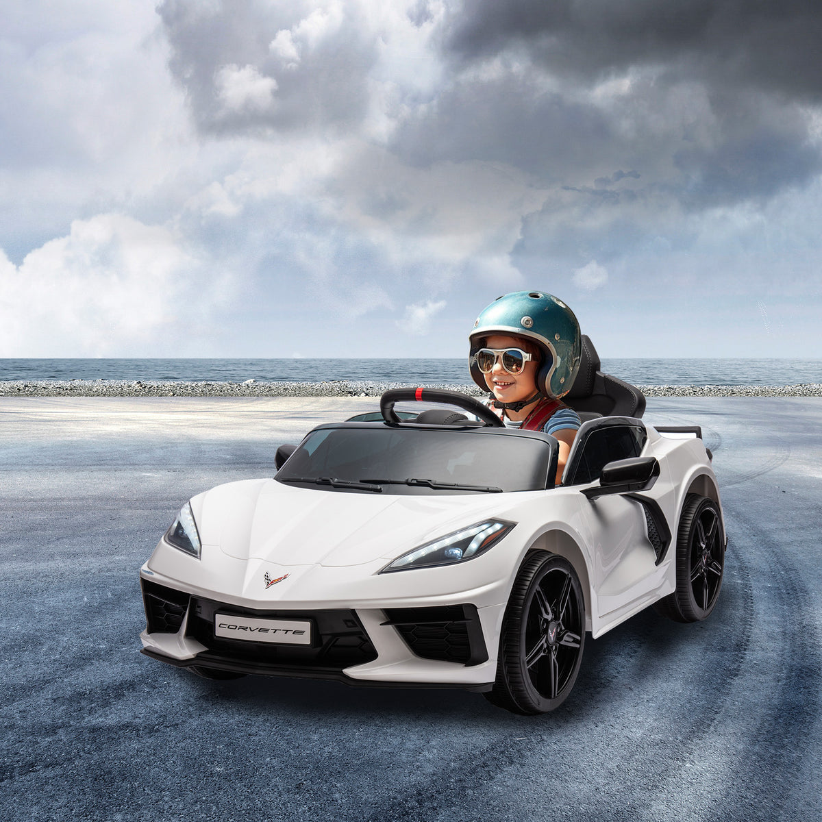 XJD Corvette C8 12V Electric Ride-On Car for Kids - Dual Speed, LED, USB, Bluetooth, Parental Control, for Ages 3+, White