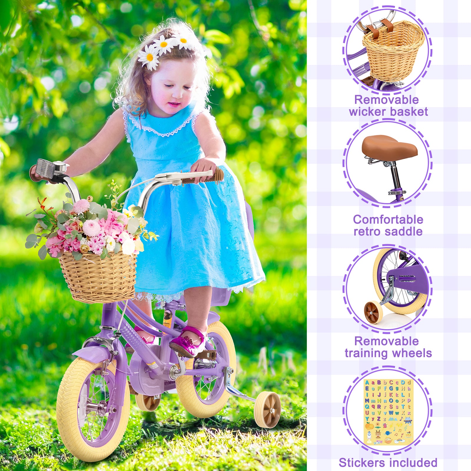 XJD Kids Bicycle for Toddlers and Children 3+ Years Old, 12 14 16 20 inch Bike for Girls and Boys, with Basket and Bell Training Wheels, Adjustable Seat Handlebar Height, Purple