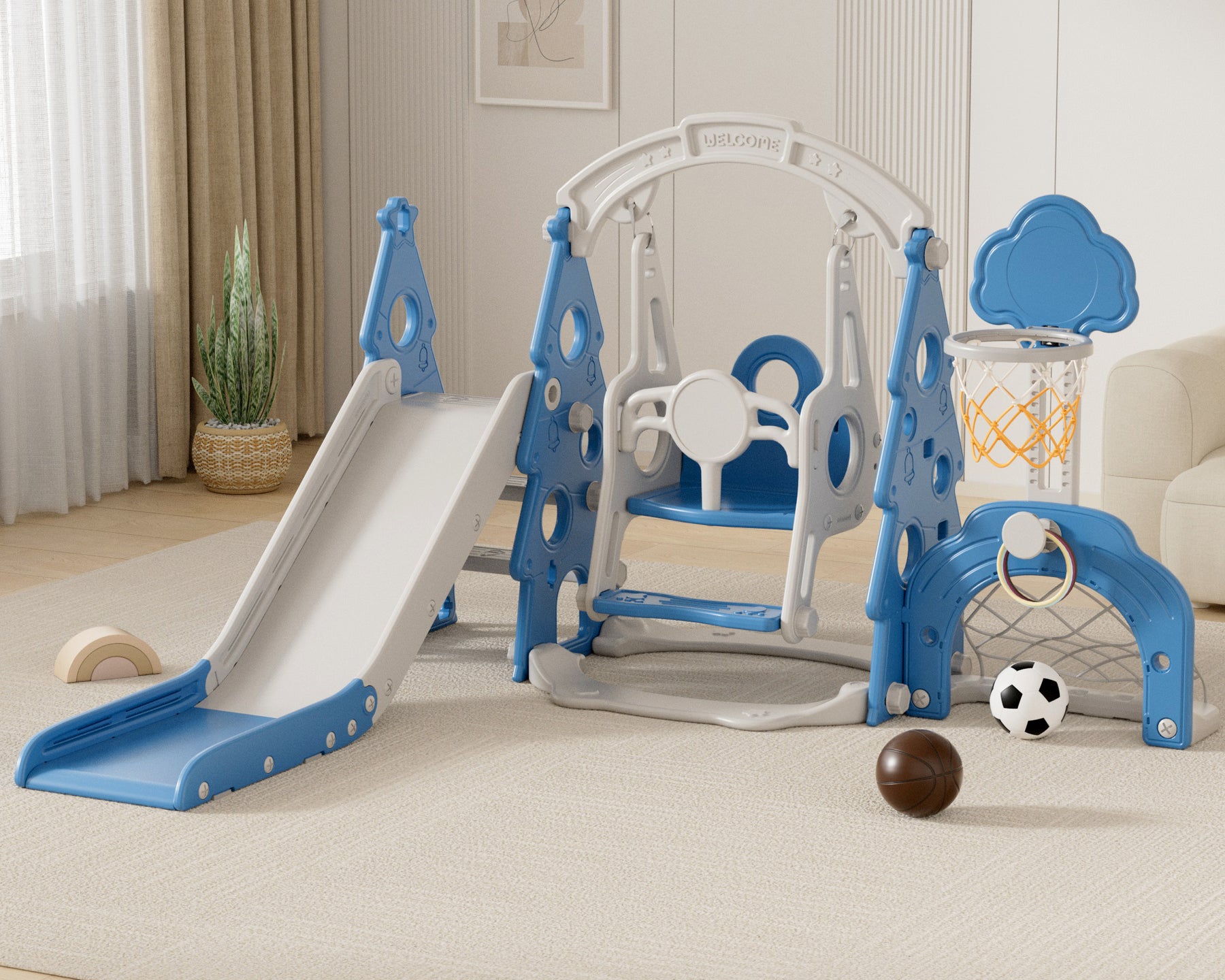 KORIMEFA 6-in-1 Kids Slide and Swing Set,  Includes Slide, Swing, Basketball Hoop, and Climber, Indoor and Outdoor Playground for Todder Age 1-5