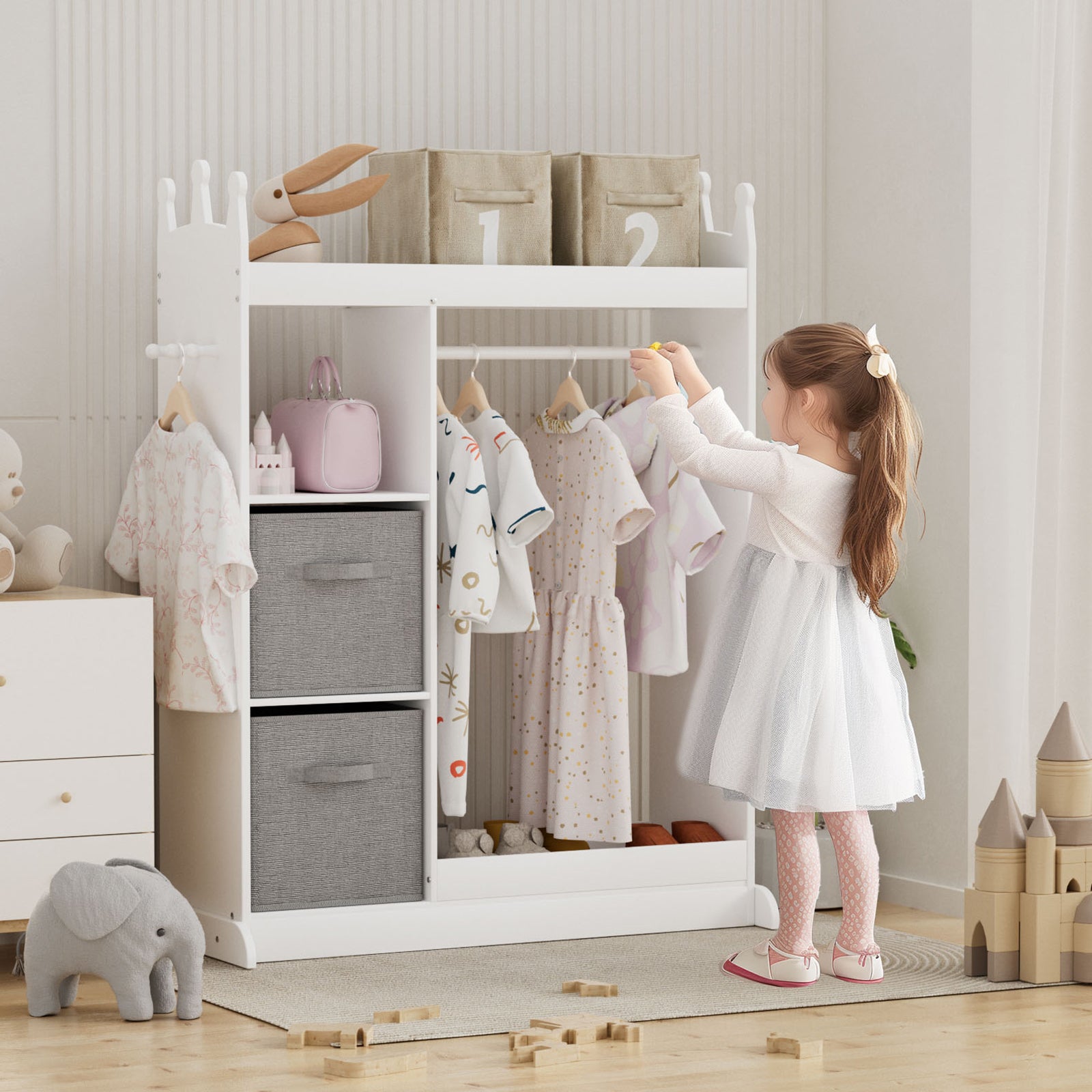 Kids Large Dress up Storage with Mirror, Kids Costume Organizer with Storage Area, White