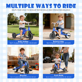 KORIMEFA 5 in 1 Toddler Push Trike & Balance Bike for 2 3 4 Year Olds, Ride-On Kids Tricycle with Adjustable Seat, Outdoor Indoor Birthday Gift for Boys Girls, Blue