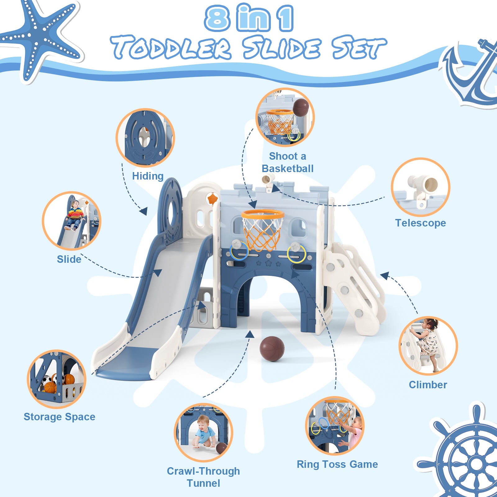 8 in 1 Toddler Slide, Pirate Ship Design Slide Kids Slide for Toddlers, Outdoor Indoor Slide with Basketball Hoop, Tunnel and Storage Space Toddlers Outdoor Indoor Playground (Blue)