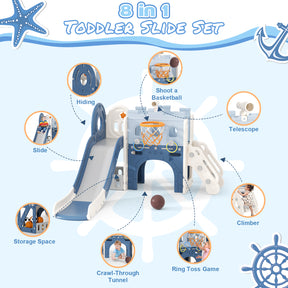 8 in 1 Toddler Slide, Pirate Ship Design Slide Kids Slide for Toddlers, Outdoor Indoor Slide with Basketball Hoop, Tunnel and Storage Space Toddlers Outdoor Indoor Playground (Blue)