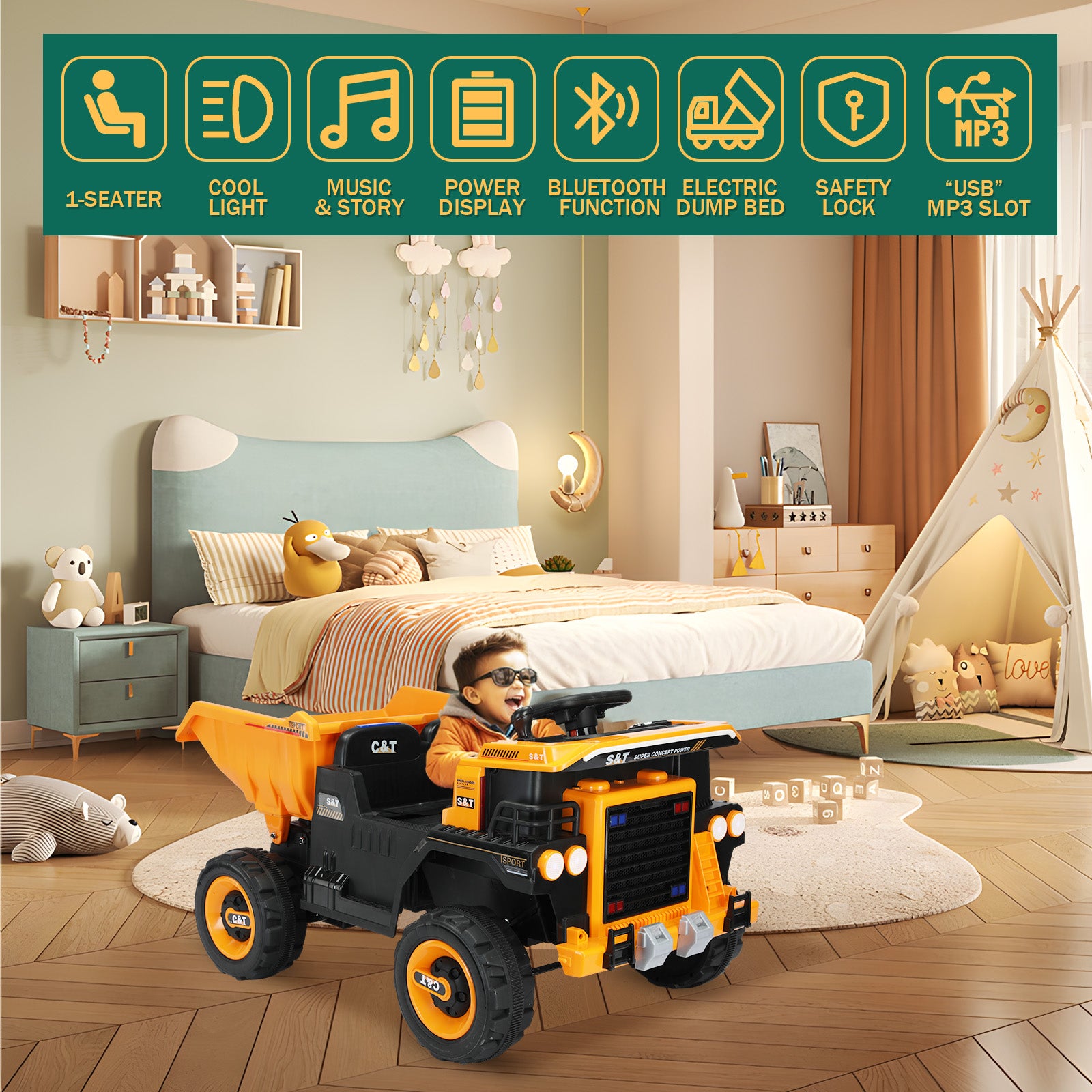 XJD 12V Kids Ride On Truck Car w/Parent Remote Control, Spring Suspension, LED Lights, USB Port, Bluetooth, Orange