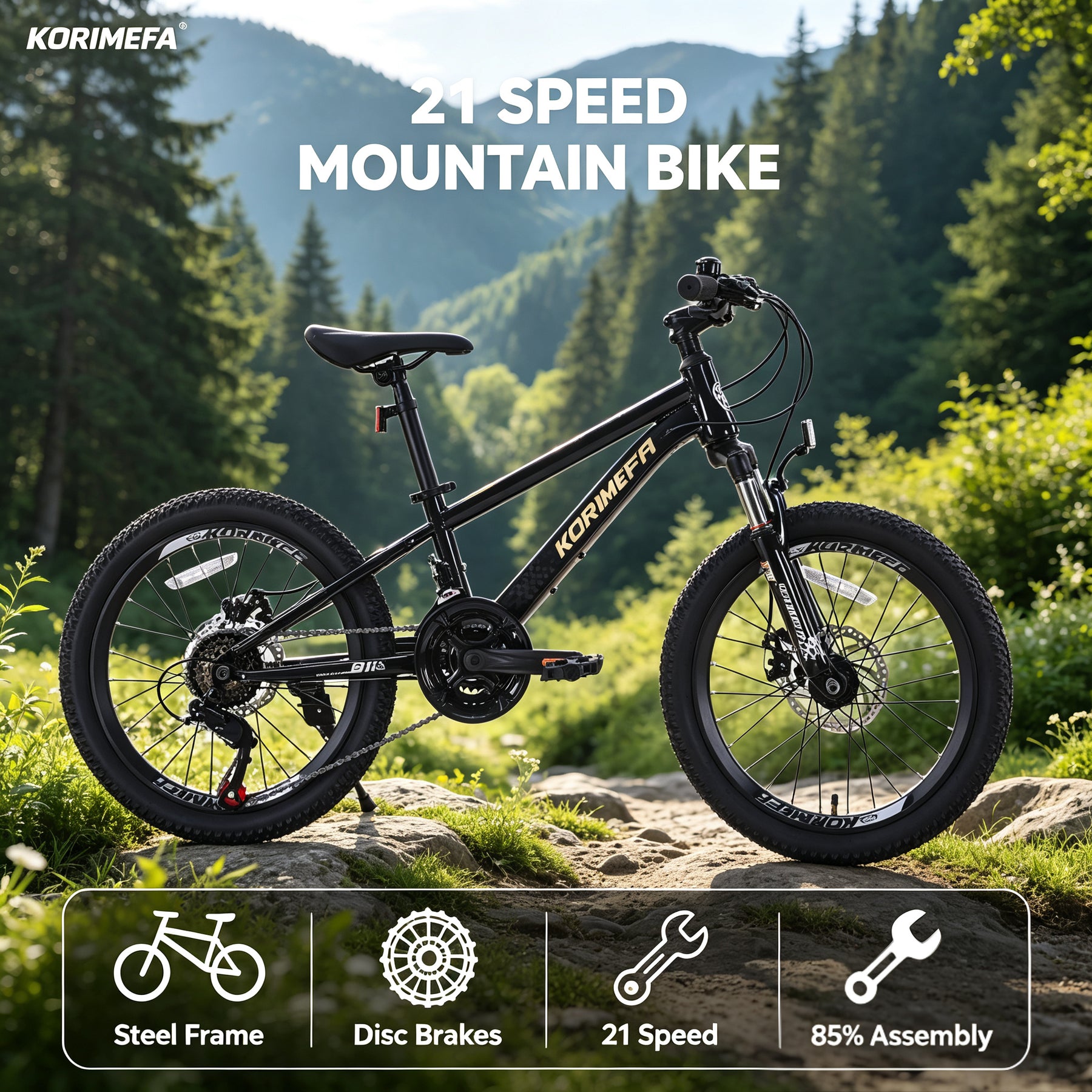 Korimefa 21-Speed Kids Bike, 20 inch Kids Mountain Bicycle for Boys Child Youth 6-12 Years Old, Double Disc Brake, Suspension Fork and Lightweight Aluminum Alloy Frame, Black