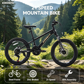 Korimefa 21-Speed Kids Bike, 20 inch Kids Mountain Bicycle for Boys Child Youth 6-12 Years Old, Double Disc Brake, Suspension Fork and Lightweight Aluminum Alloy Frame, Black