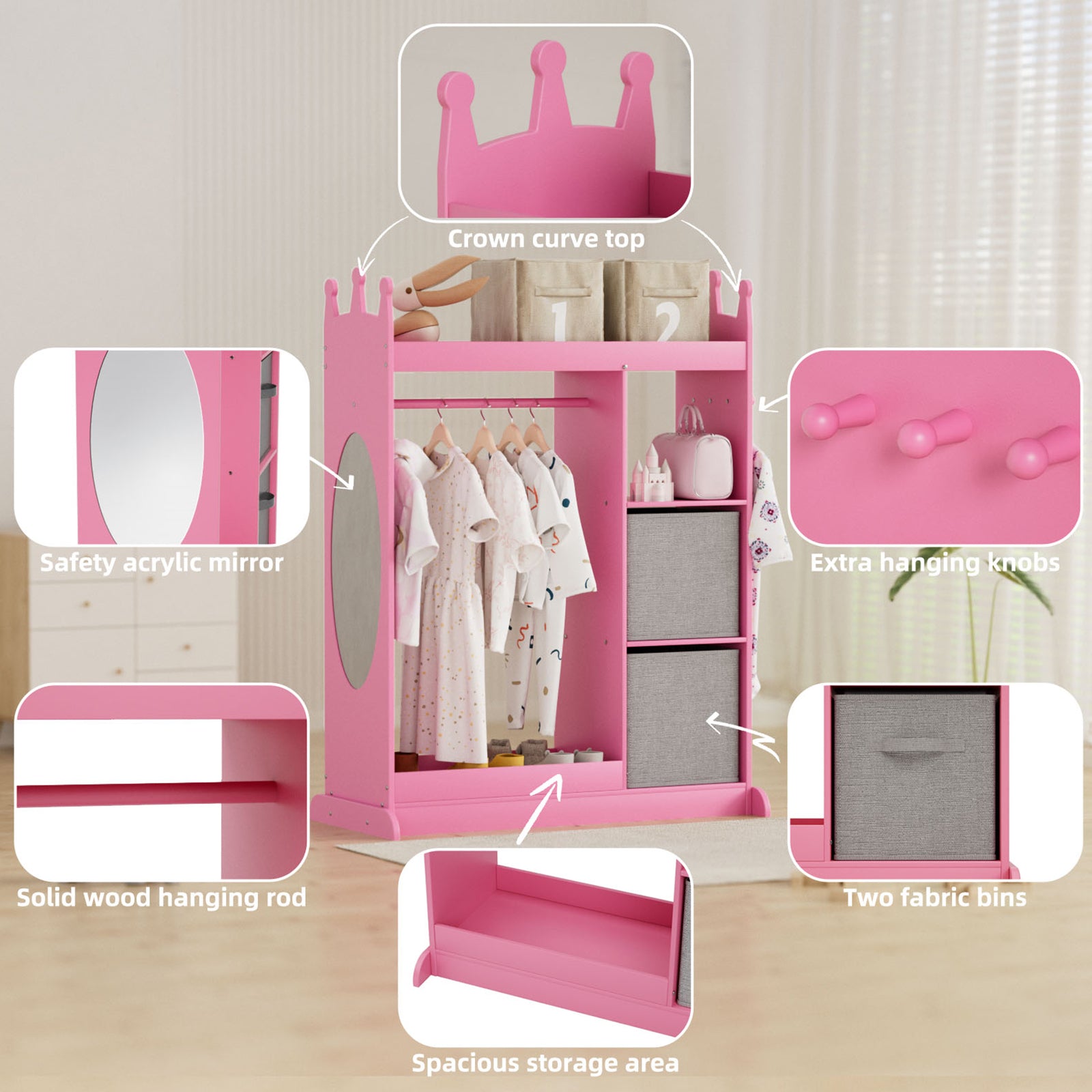 Kids Large Dress up Storage with Mirror, Kids Costume Organizer with Storage Area, Pink