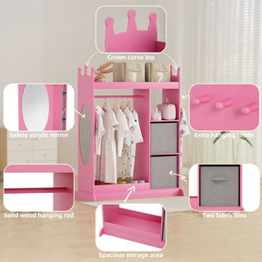 Kids Large Dress up Storage with Mirror, Kids Costume Organizer with Storage Area, Pink