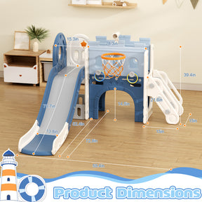 8 in 1 Toddler Slide, Pirate Ship Design Slide Kids Slide for Toddlers, Outdoor Indoor Slide with Basketball Hoop, Tunnel and Storage Space Toddlers Outdoor Indoor Playground (Blue)