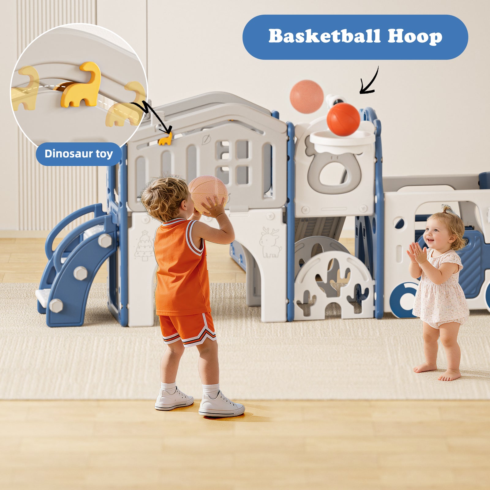 KORIMEFA 9-IN-1 Toddler Slide Set for kids Age 1-5, Bus-Themed Climber Indoor Outdoor Playset with Slide, Golf, Basketball Hoop, Climber, Wheel