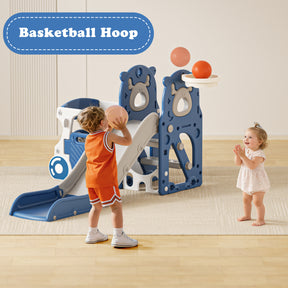 KORIMEFA 6-IN-1 Toddler Slide Set for kids Age 1-4, Bus-Themed Climber Indoor Outdoor Playset with Slide, Basketball Hoop, Climber, Wheel