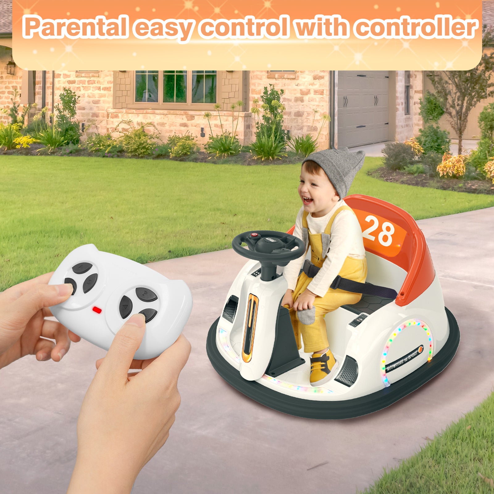 6V Electric Ride on Bumper Car Toys for Kids Toddlers 2-4 Years Old, 360° Spinning Bumping Toy Gifts Cars, Music Play, Lights, 0-2 mph, Orange