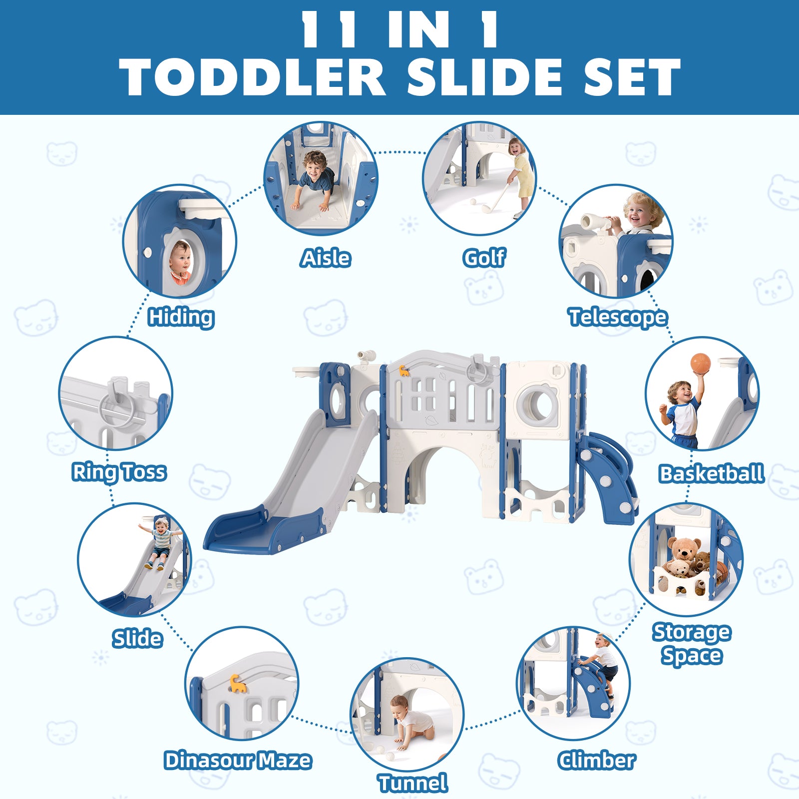 KORIMEFA 11- in-1 Kids Toddler Slide Set, Toddler Climber Slide for Age 1-3 , Indoor Outdoor Slide with Basketball Hoop Ring Toss Golf