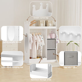 Kids Large Dress up Storage with Mirror, Kids Costume Organizer with Storage Area, White