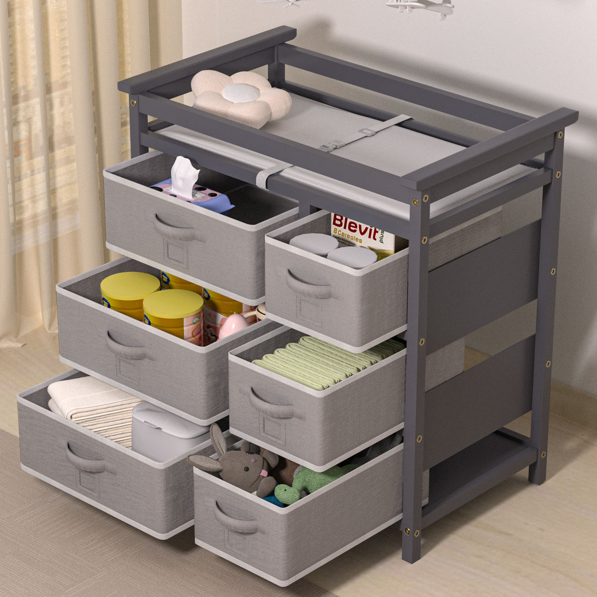 XJD Baby Changing Table with 6 Storage Baskets, Can be Used as a Changing Table Dresser with Changing Table Top, a Baby Changing Station, Diaper Changing Station (Gray/Grey)