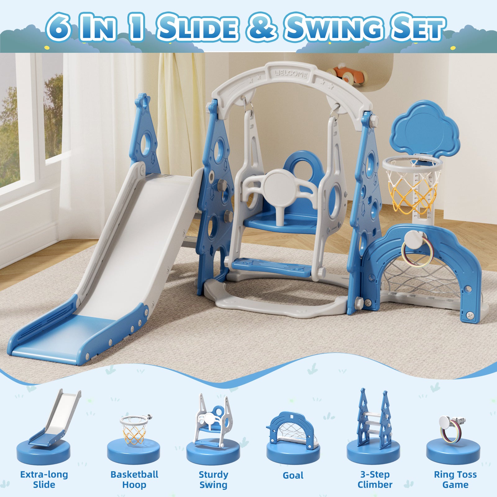 KORIMEFA 6-in-1 Kids Slide and Swing Set,  Includes Slide, Swing, Basketball Hoop, and Climber, Indoor and Outdoor Playground for Todder Age 1-5