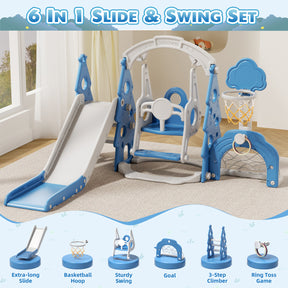 KORIMEFA 6-in-1 Kids Slide and Swing Set,  Includes Slide, Swing, Basketball Hoop, and Climber, Indoor and Outdoor Playground for Todder Age 1-5