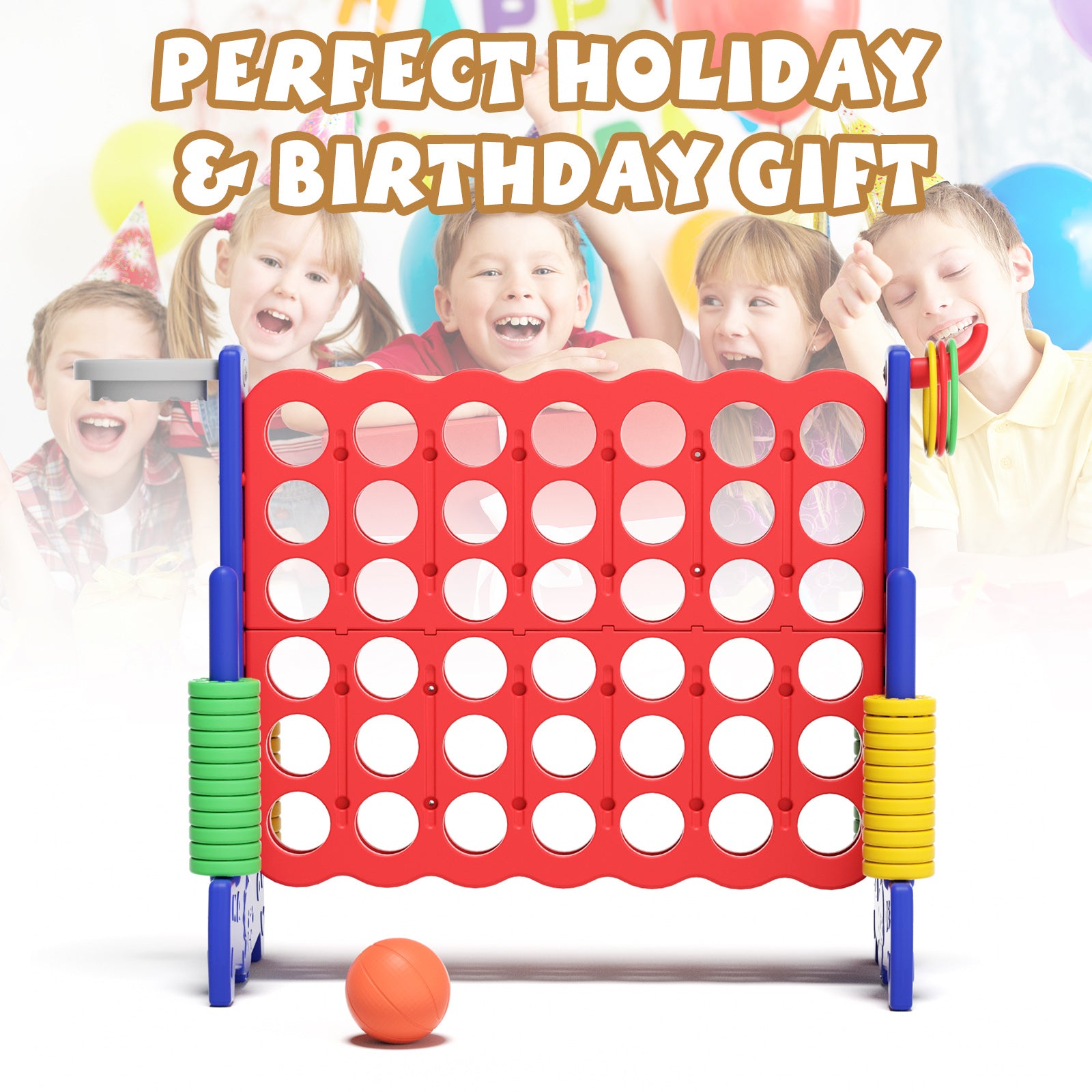 XJD Giant 4-in-A-Row Jumbo Game, 4-to-Score Game Set with Basketball Hoop, Ring Toss, 42 Jumbo Rings, Indoor Outdoor Family Game for Kids & Adults. Red&Blue